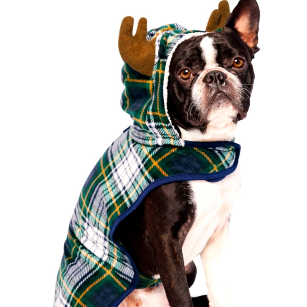Green White And Blue Plaid Dog Reindeer Jacket Velcro Closures